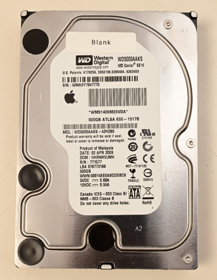 WD Caviar Apple Mac 3.5" Hard Drive 500GB WD5000AAKS-42H2B0 SMART 12 Hours