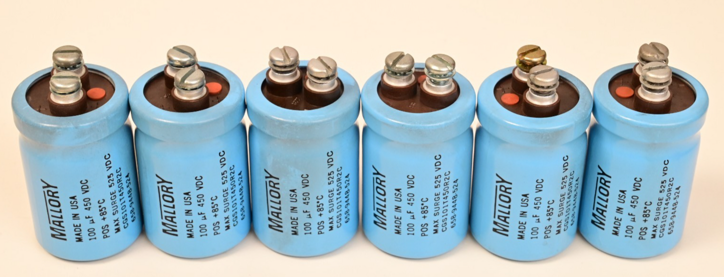 Lot of 8 Large Mallory Screw-Top Electrolytic Capacitors 32,000µF 2,000µF 100µF