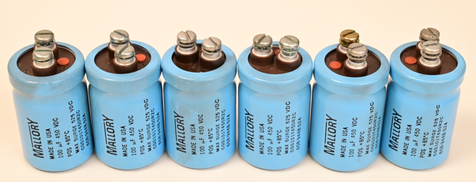 Lot of 8 Large Mallory Screw-Top Electrolytic Capacitors 32,000µF 2,000µF 100µF