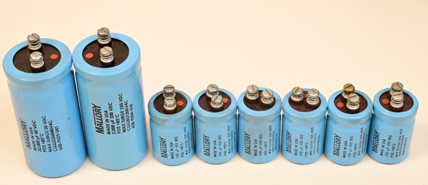 Lot of 8 Large Mallory Screw-Top Electrolytic Capacitors 32,000µF 2,000µF 100µF
