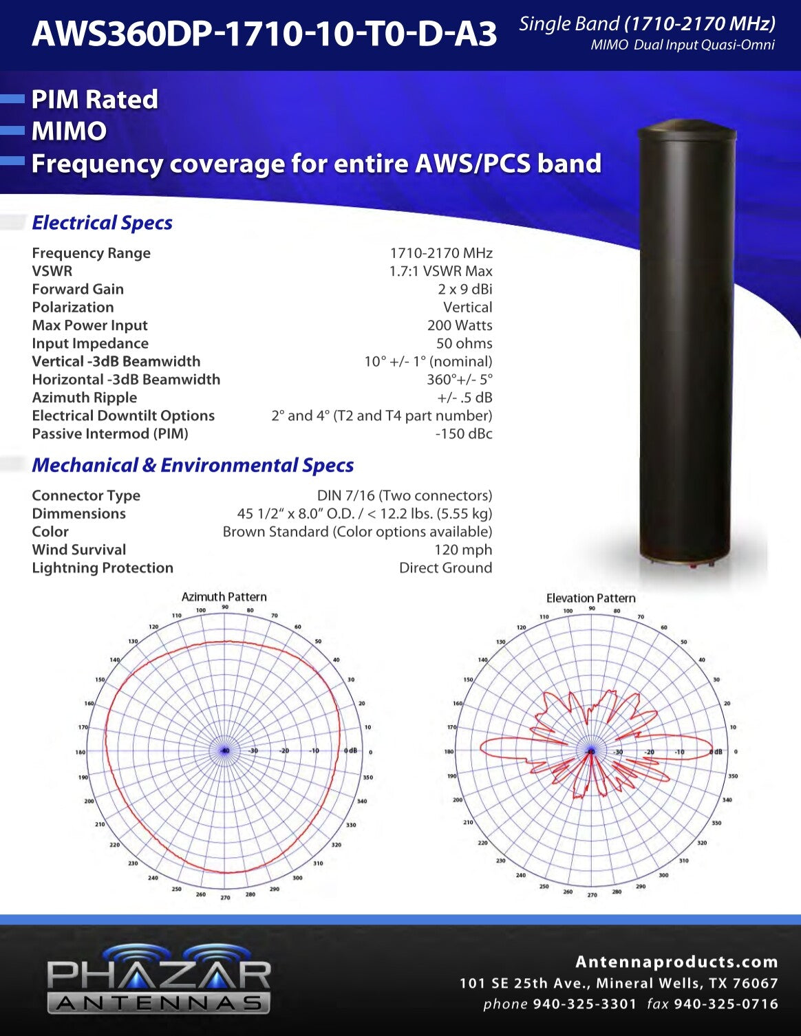 Phazar Antenna Products AWS360DP-1710-10-T0-D-A3 10dBi AWS/PCS MIMO DAS Antenna