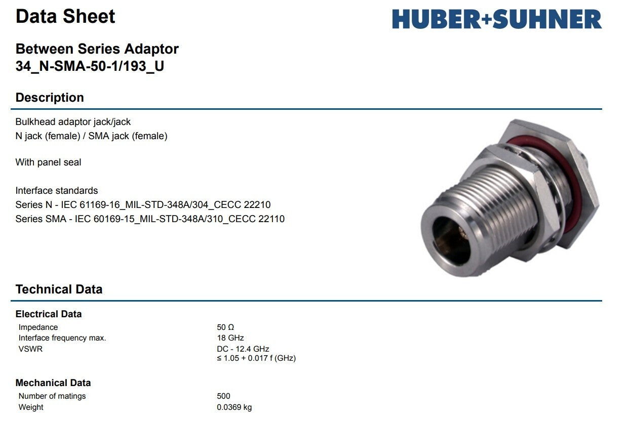 HUBER SUHNER N-female/SMA-female Bulkhead Adaptor LIST $145