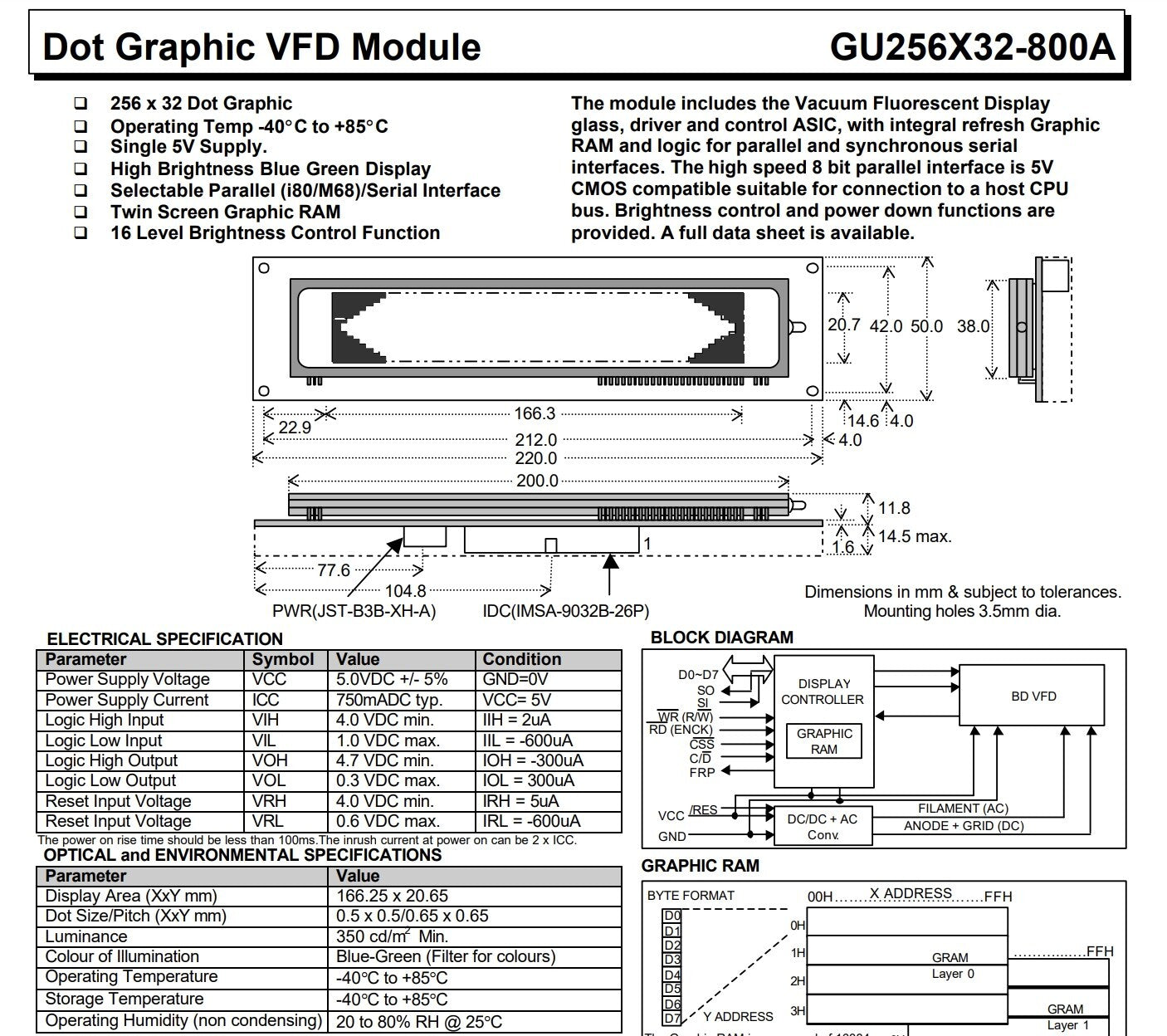Noritake GU256X32-800A Vacuum Fluorescent Display VFD 5V Parallel/Serial *NLA*