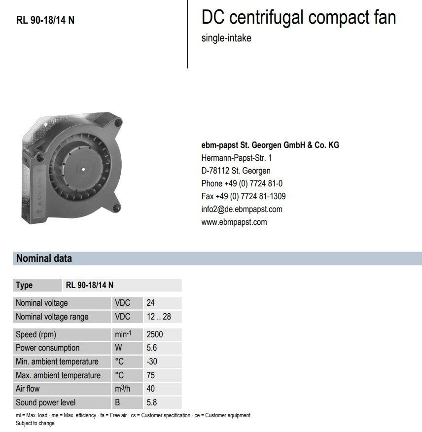PAPST RL 90-18/14N 12-28V DC Centrifugal Blower Fan Germany 24V 5W