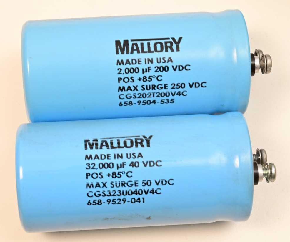 Lot of 8 Large Mallory Screw-Top Electrolytic Capacitors 32,000µF 2,000µF 100µF