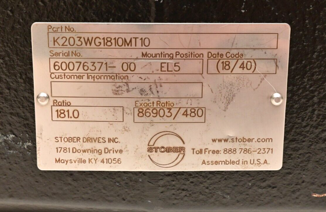 Stober Drives Gearbox Drive 181:1 Ratio EL5 K203 K-Series Gear K203WG1810MT10