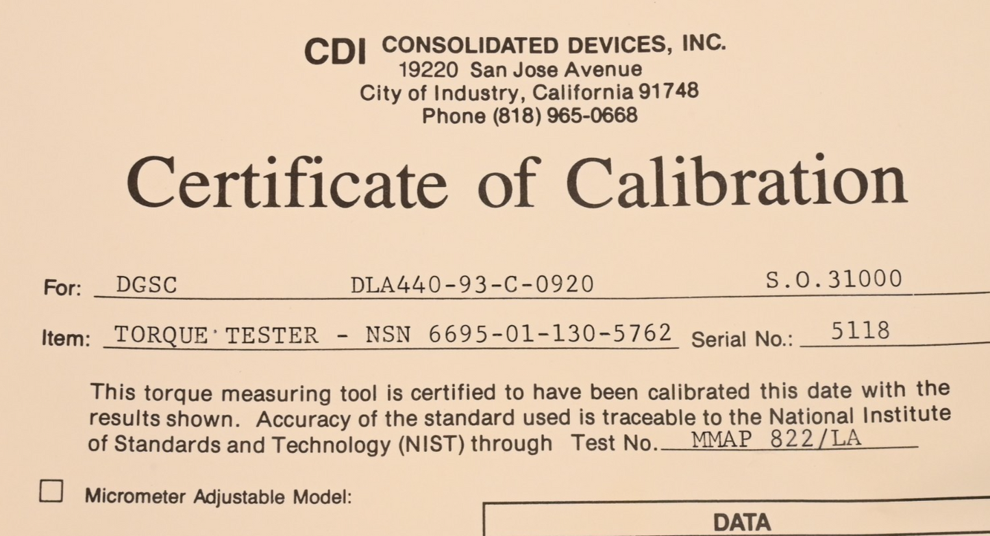 Consolidated Devices CDI Torque Wrench Tester 100/500 OI Oz-In Military Surplus