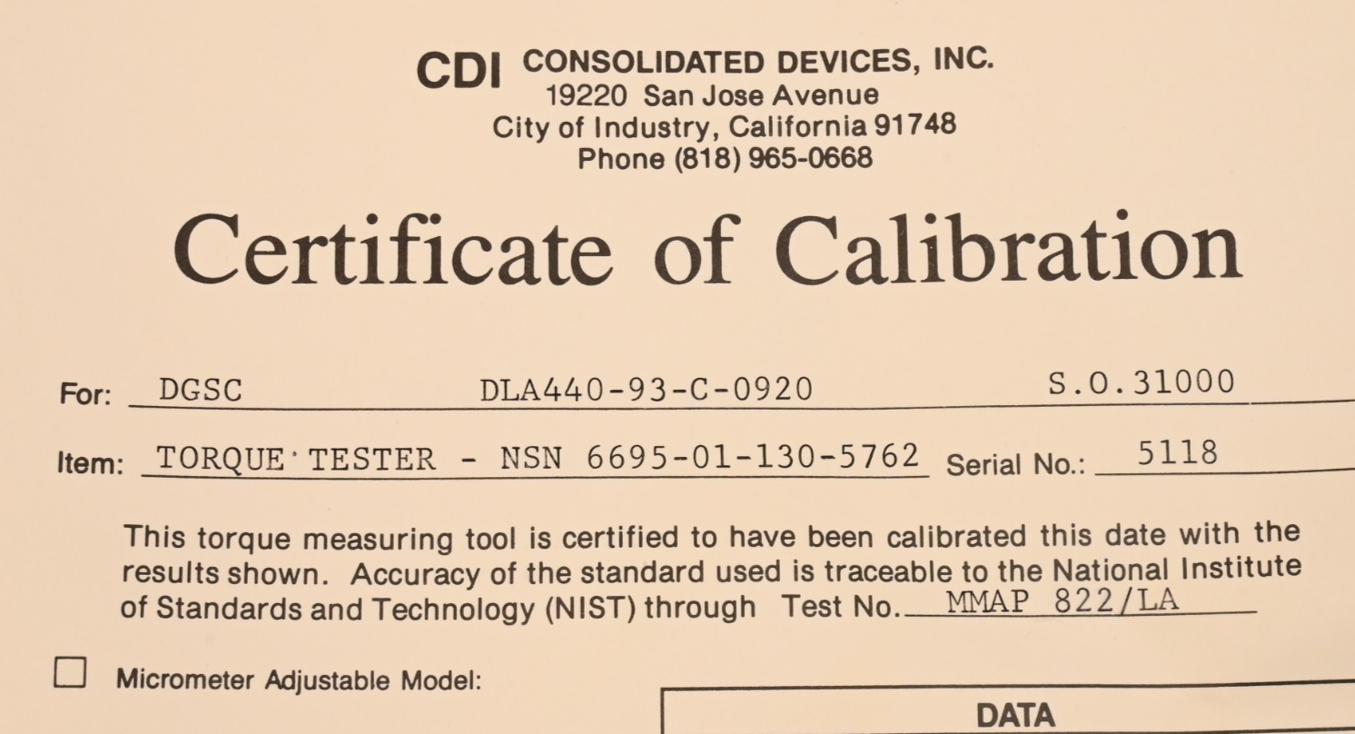 Consolidated Devices CDI Torque Wrench Tester 100/500 OI Oz-In Military Surplus