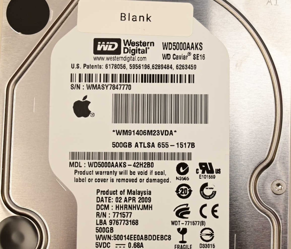 WD Caviar Apple Mac 3.5" Hard Drive 500GB WD5000AAKS-42H2B0 SMART 12 Hours