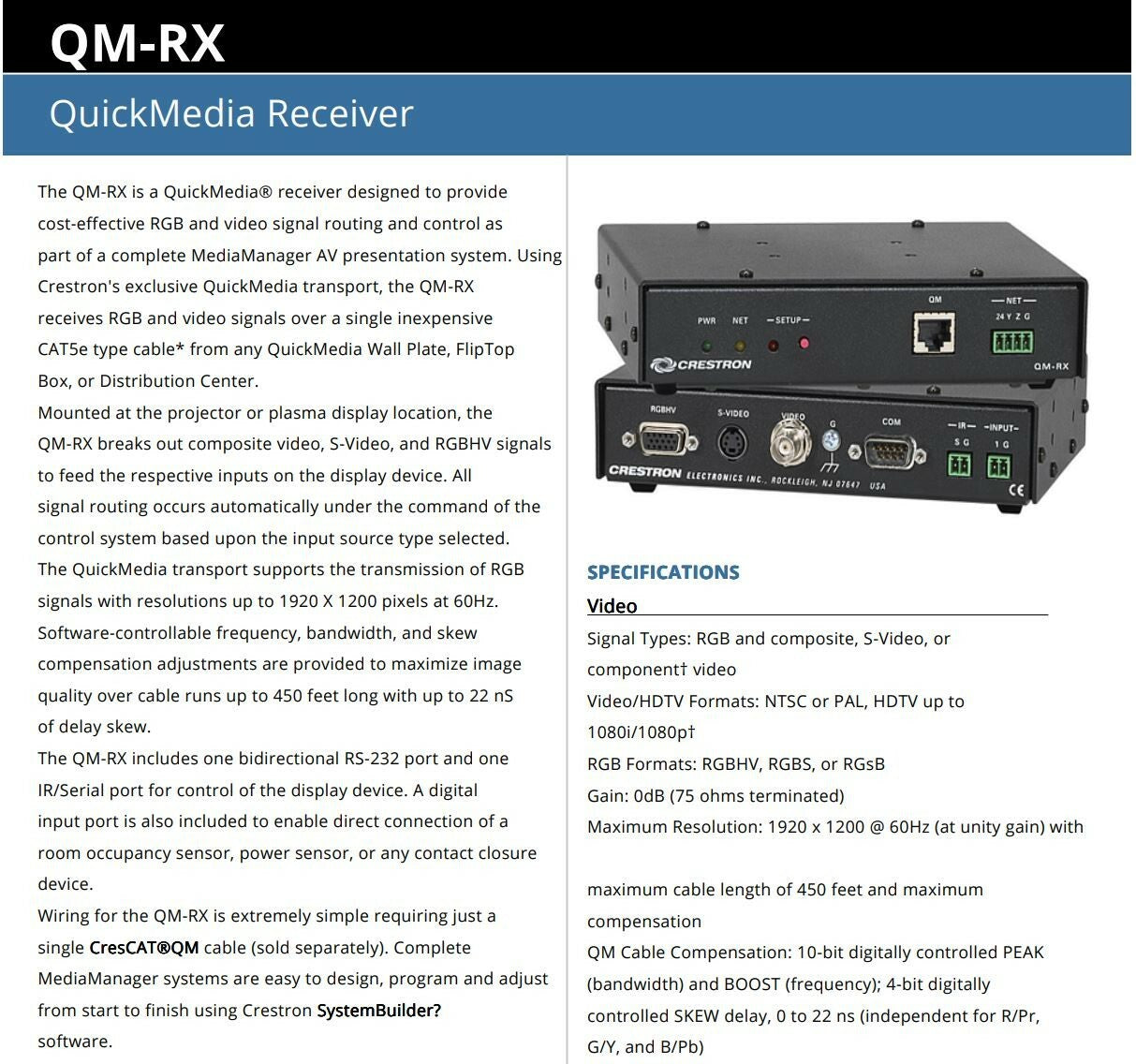 Crestron QM-RX QuickMedia Receiver Remote CAT5 Video Distribution NIB