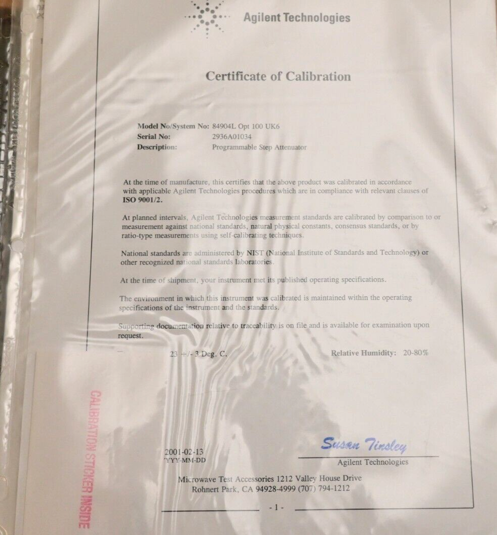 Agilent 84904L Programmable Attenuator DC-40 GHz 11dB 1dB step Opt. 100 UK6 HP