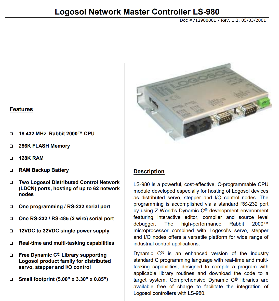 LOGOSOL Network Master Controller LS-980 Rabbit 2000 C-Programmable RS232 Servo