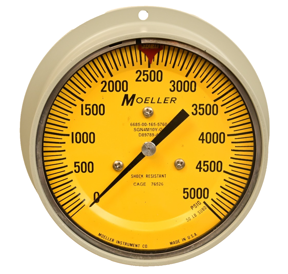 Moeller 4.5" Pressure Gauge Yellow Dial 0-5000 PSI Shock Bourdon D89789-6 NOS