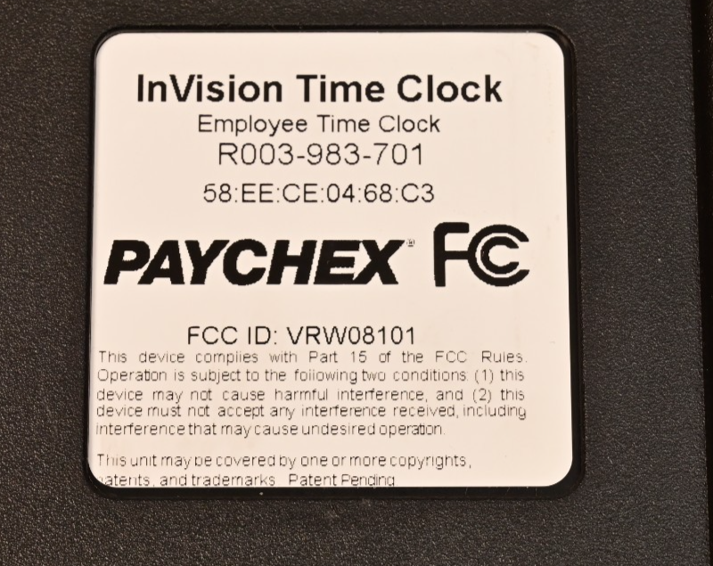 Paychex InVision Iris ID Employee Time Clock w/ Power Supply & Key USB Ethernet