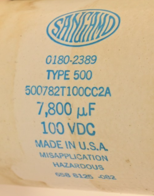 QTY 2 Sangamo 0180-2389 Large Electrolytic Capacitors 7,800uF 100VDC w/ Mounts