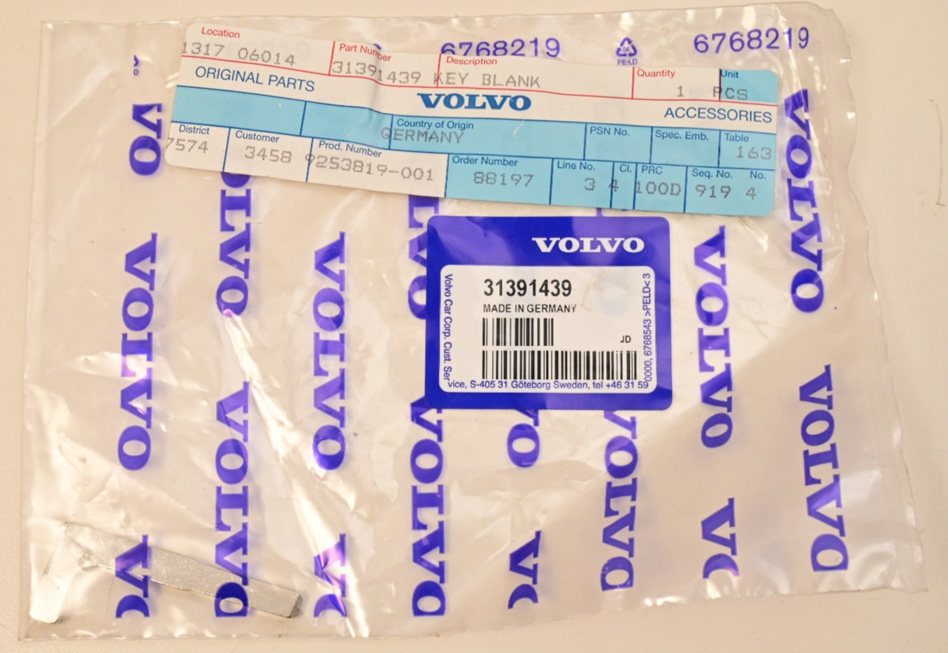 Volvo 31391439 Emergency Key Blank S60 XC60 XC40 S90 Genuine NOS