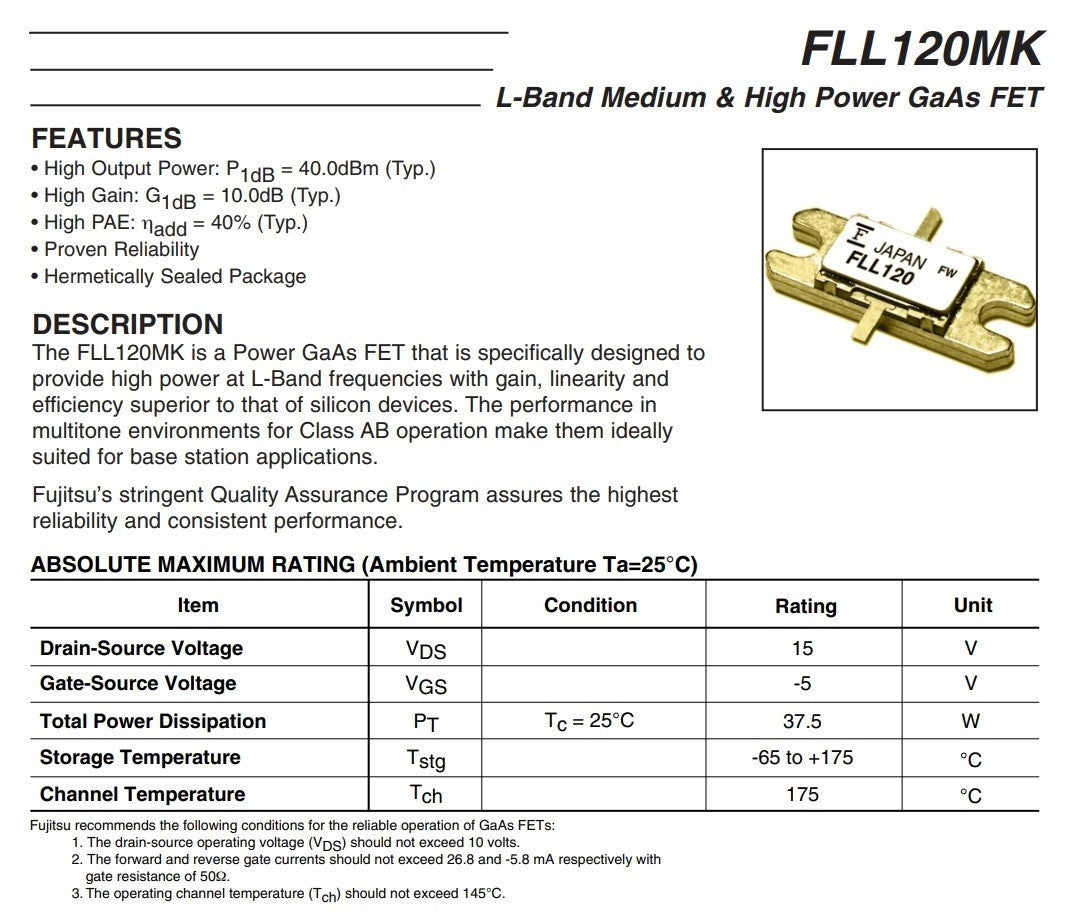 Fujitsu FLL120 MK L-Band Medium & High Power GaAs FET Gold Ceramic
