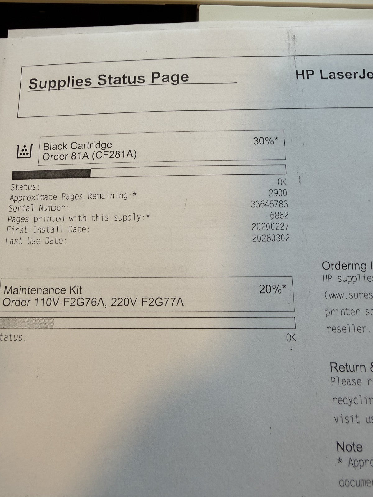 HP LaserJet Enterprise M604 Fuser Assembly RM2-6308 Used 20% Remaining