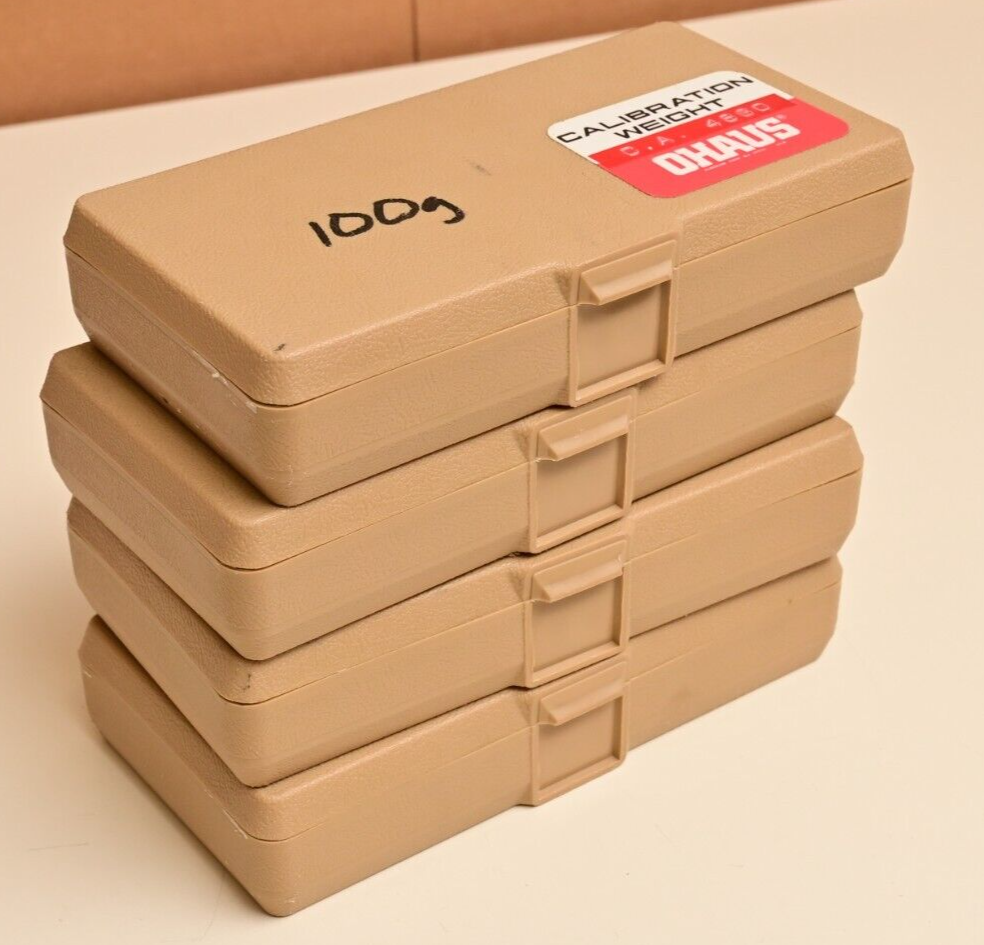 Lot of 4 Ohaus 100g Calibration Weight w/ Cases Gloves/Certificates
